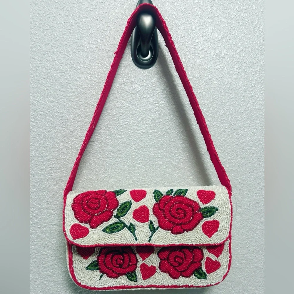 Embroidered Red‎ Rose Shoulder Bag